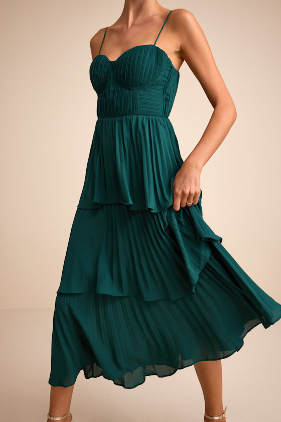 Green Midi Dress - Tiered Pleated Midi Dress - Bustier Midi Dress - Image 3