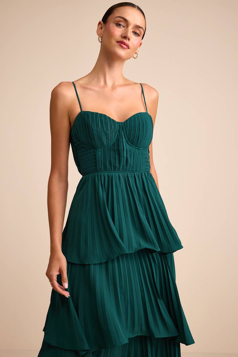 Green Midi Dress - Tiered Pleated Midi Dress - Bustier Midi Dress - Lulus