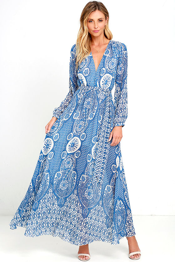 Lovely Cream and Blue Dress - Print Maxi Dress - Long Sleeve Maxi Dress ...
