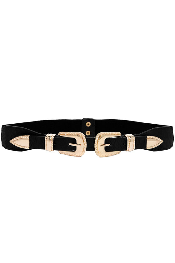Cool Double Buckle Belt - Elastic Belt - Black and Gold Belt - $16.00