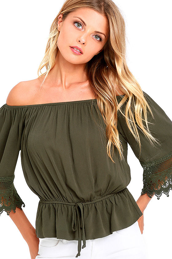 Chic Olive Green OfftheShoulder Top Lace OfftheShoulder Top
