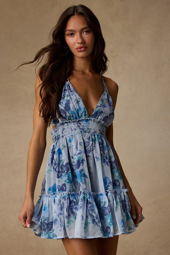 Signature Sweetie Light Blue Floral Smocked Tie-Back Mini Dress 2