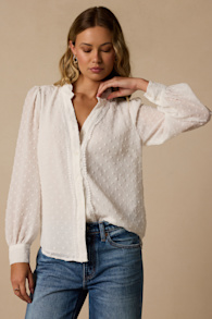 Delightful Charm White Swiss Dot Button-Up Long Sleeve Top 1
