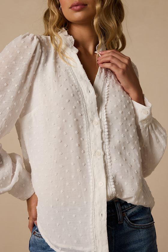 Delightful Charm White Swiss Dot Button-Up Long Sleeve Top 2
