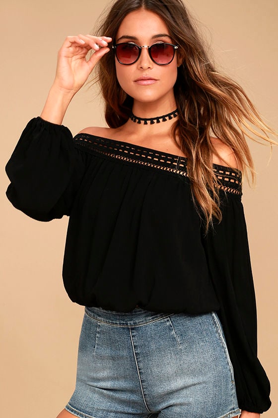 black off the shoulder tops with straps