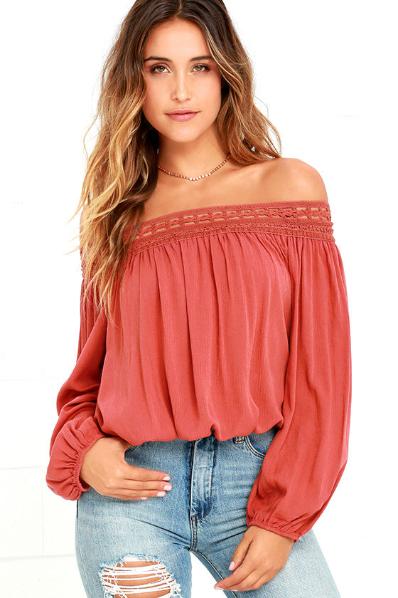 Chic Terra Cotta Top - Off-the-Shoulder Top - Lace Off-the-Shoulder Top ...