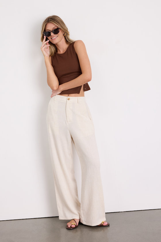 Stylish Ease Beige Linen High-Rise Wide-Leg Trouser Pants 1