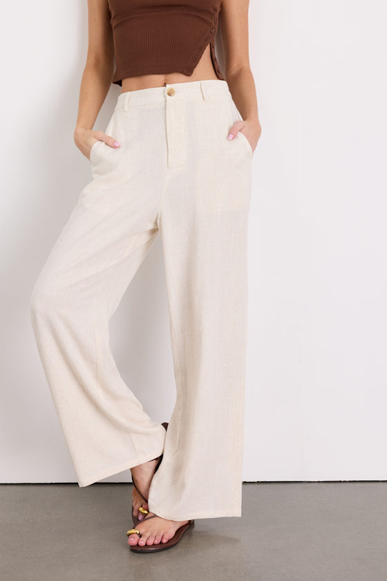 Stylish Ease Beige Linen High-Rise Wide-Leg Trouser Pants - thumbnail 2