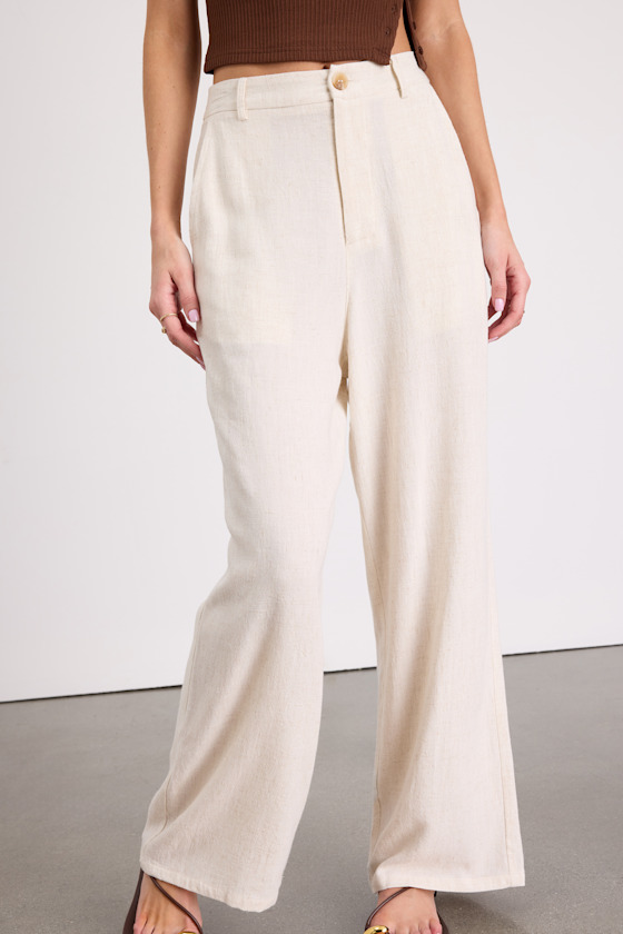 Stylish Ease Beige Linen High-Rise Wide-Leg Trouser Pants - thumbnail 4
