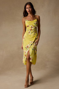 Sunny Blossom Yellow Floral Print Satin Cowl Neck Midi Dress 2