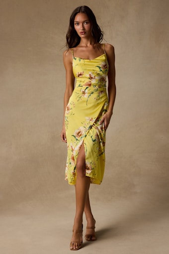 Sunny Blossom Yellow Floral Print Satin Cowl Neck Midi Dress 2