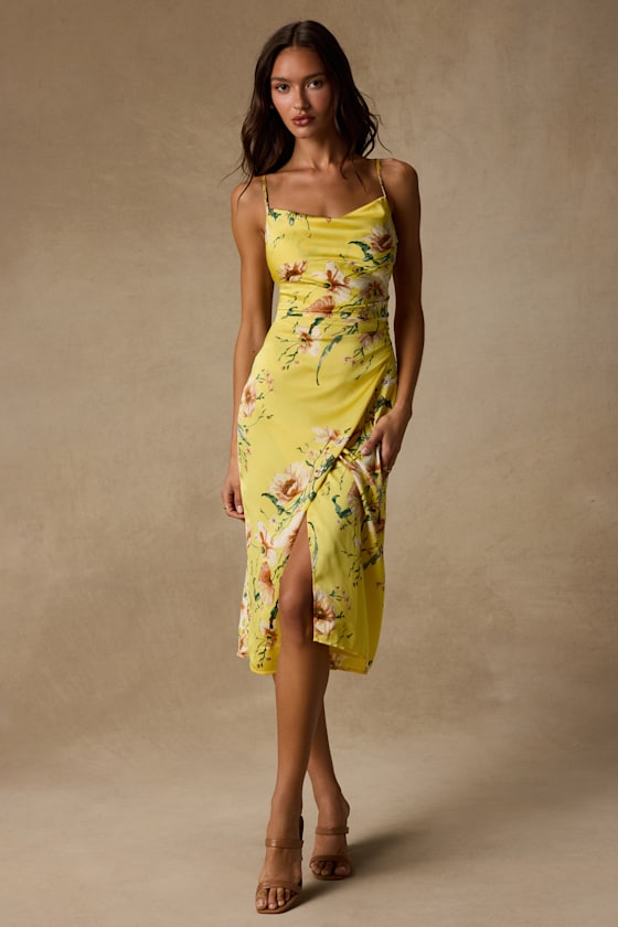 Sunny Blossom Yellow Floral Print Satin Cowl Neck Midi Dress 2