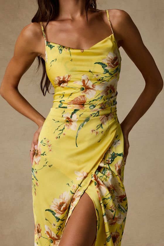 Sunny Blossom Yellow Floral Print Satin Cowl Neck Midi Dress 3
