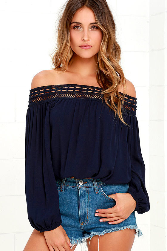 Chic Navy Blue Top - Off-the-Shoulder Top - Lace Off-the-Shoulder Top ...