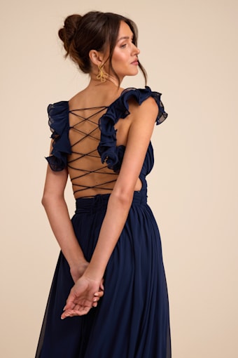 Soiree Celebration Navy Blue Ruffled Lace-Up Maxi Dress 1