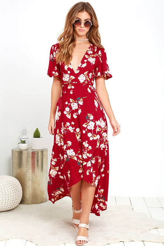 red floral print wrap dress