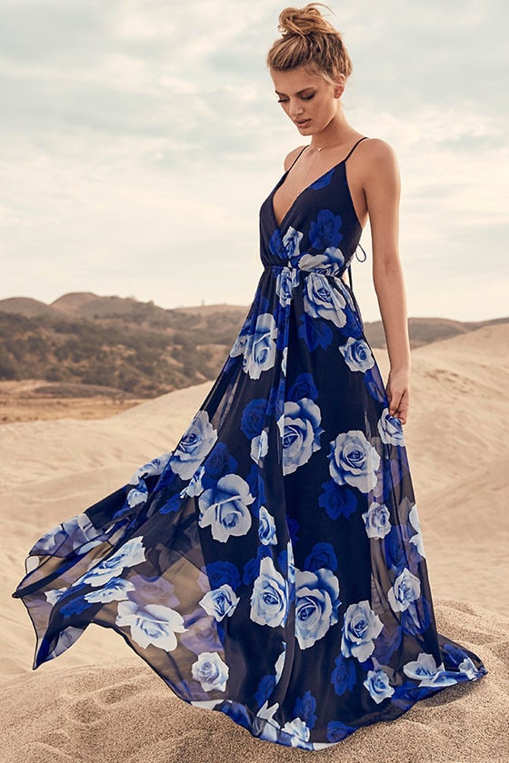 blue floral maxi dress with sleeves