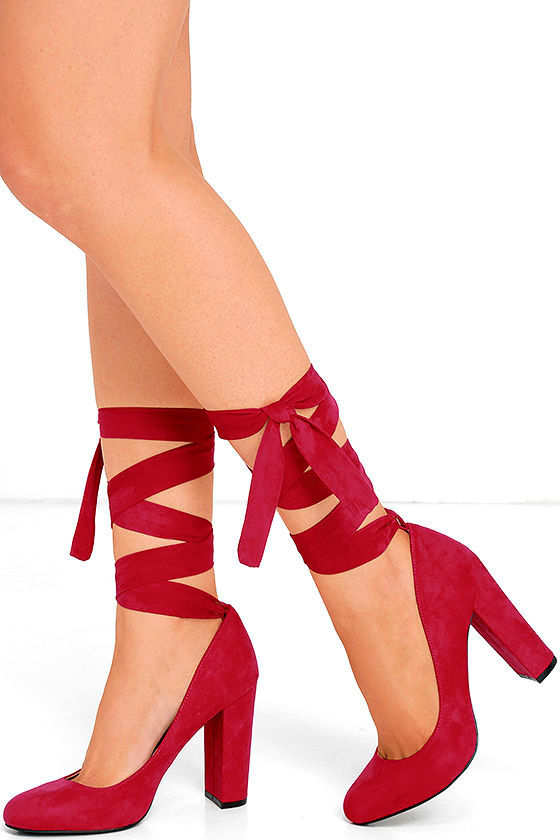 red lace up heels closed toe