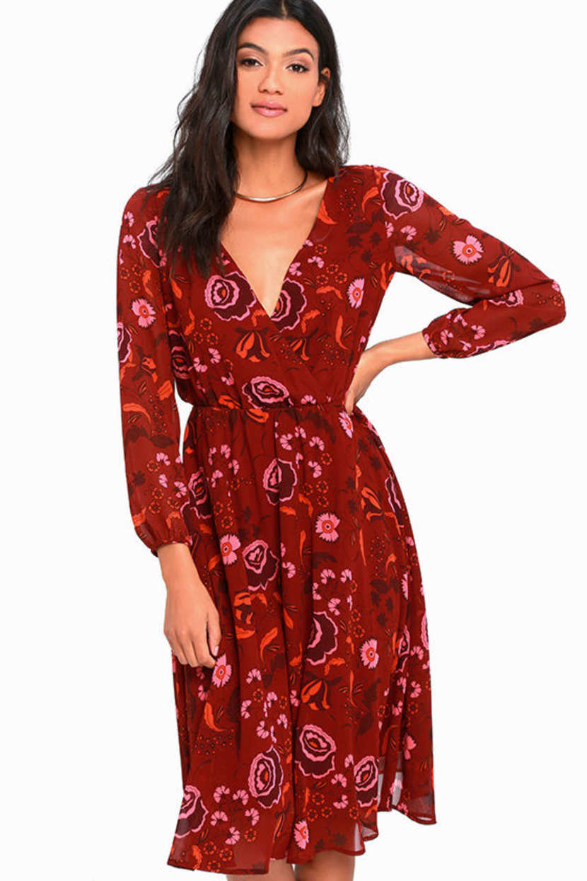 BB Dakota Carabelle Dress - Burgundy Floral Print Dress - Midi Dress - Long Sleeve Dress - $99.00