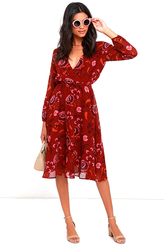 burgundy floral midi dress