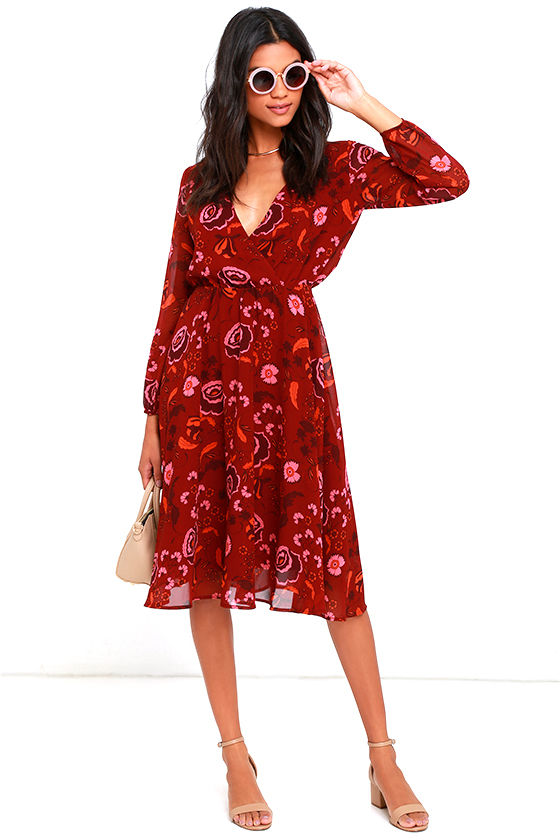 Burgundy Floral Midi Dress Online Store ...