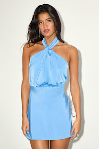 Sleek Essence Blue Satin Halter Sleeveless Mini Dress 1