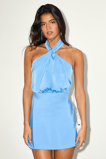 Sleek Essence Blue Satin Halter Sleeveless Mini Dress 1