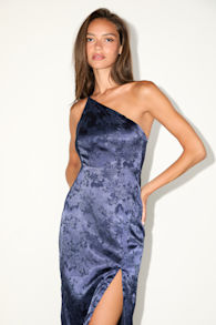 Desirable Dream Navy Blue Satin Jacquard Halter Neck Midi Dress 6