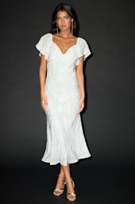 Effervescent Afternoon White Satin Flutter Sleeve Midi Dress 1
