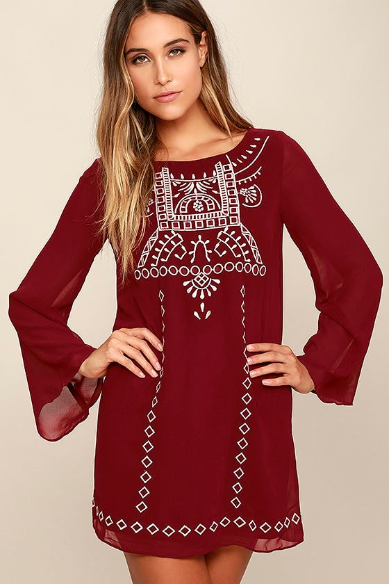 Lovely Wine Red Dress Embroidered Dress Shift Dress 54.00 Lulus