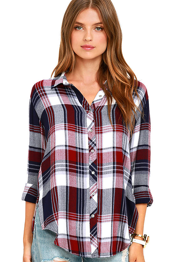 White Crow Burgundy Plaid Top - Button-Up Top - Collared Top - $67.00 ...