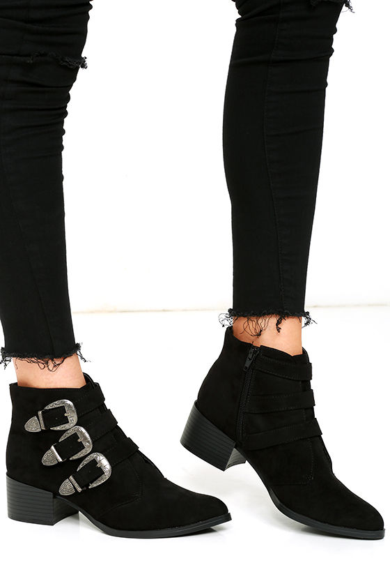 Cool Black Suede Booties - Belted Ankle Booties - Vegan Suede Boots ...