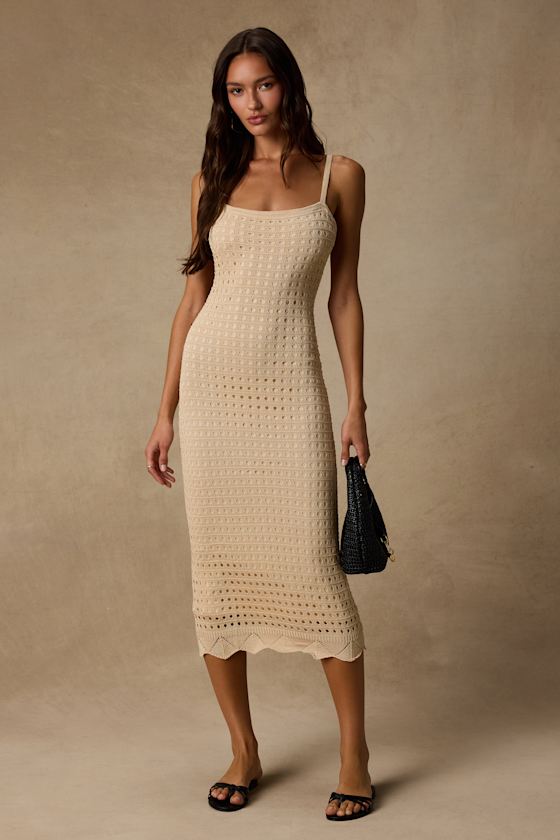 Image of Ventura Vision Beige Crochet Lace-Up Midi Dress