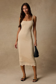 Ventura Vision Beige Crochet Lace-Up Midi Dress 2