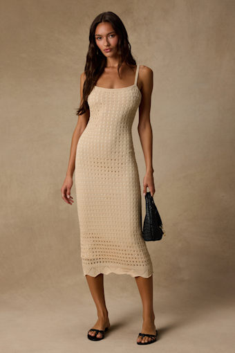 Ventura Vision Beige Crochet Lace-Up Midi Dress 2