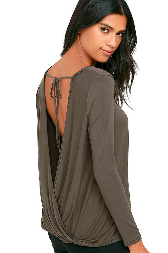 Chic Dark Taupe Top - Long Sleeve Top - Open Back Top - Twist Back Top ...