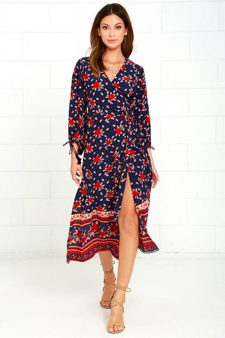 Faithfull the Brand Atlas Dress - Navy Blue Floral Print Dress - Wrap Dress  - Lulus