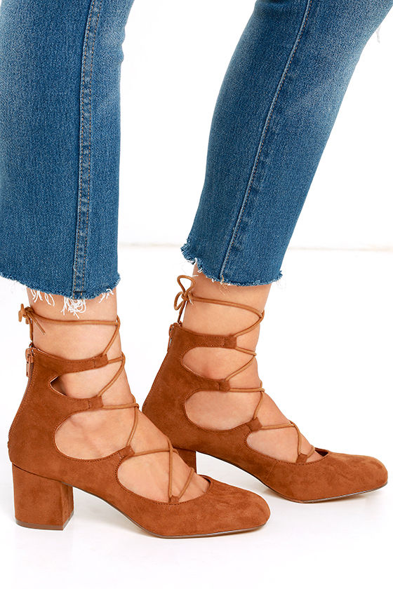 tan lace up chunky heels