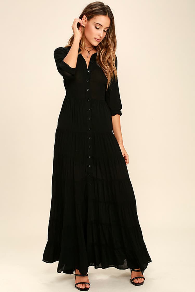chinese dress ladies Boho Black & Yellow Floral Maxi Dress main image 1