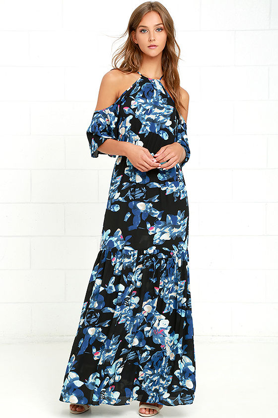 Ali & Jay - Navy Blue Floral Print Dress - Maxi Dress - Cold Shoulder ...
