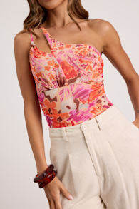 Anahera Pink Floral Mesh Cutout One-Shoulder Bodysuit 1