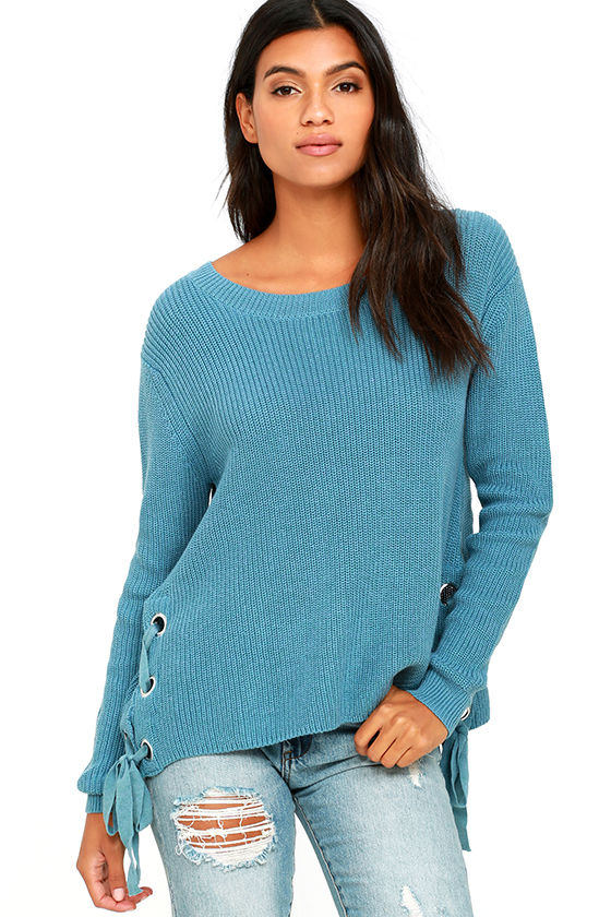Cute Slate Blue Sweater - Lace-Up Sweater - Knit Sweater - $41.00 - Lulus