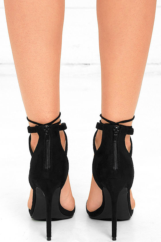 Black Vegan Suede Heels - Single Sole Heels - Black Lace-Up Heels - $28.00