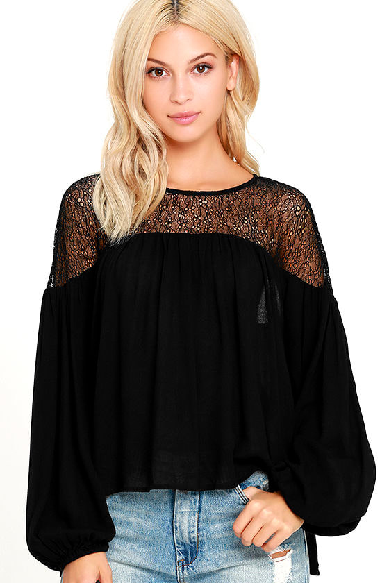Lovely Black Top - Peasant Top - Lace Top - Long Sleeve Top - $39.00 ...