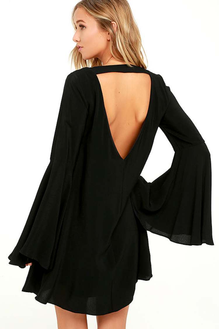chinese dress ladies Marghi Lo' Black Wool Long Sleeve Shift Dress