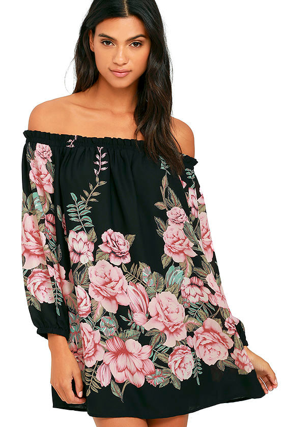 black and pink off the shoulder dress
