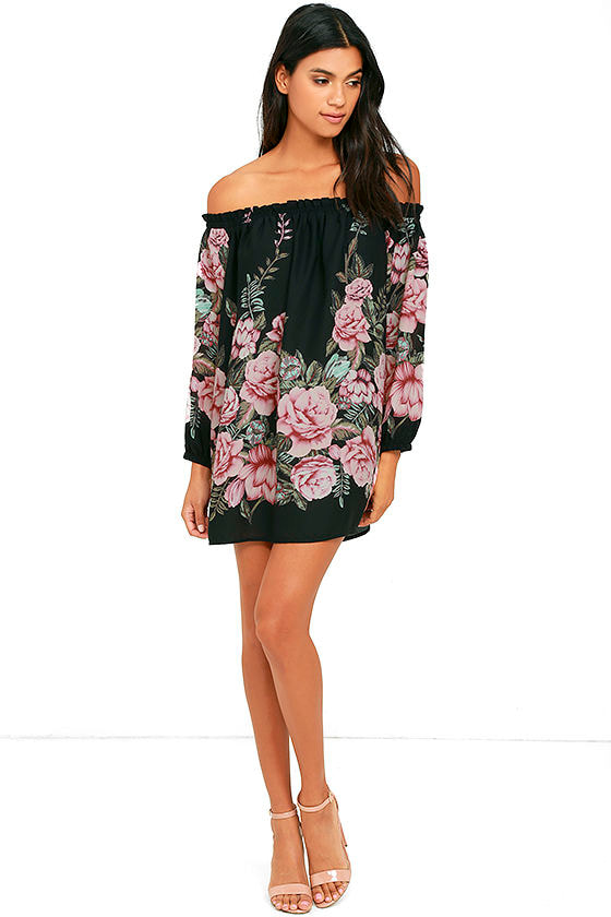 Blooming Bouquet Black Floral Print Off-the-Shoulder Dress