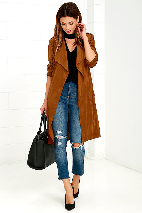 Stylish Tan Coat Faux Suede Coat Trench Coat 78.00 Lulus