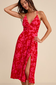 Vibrant Moment Red and Pink Floral Pleated Lace-Up Midi Dress 1