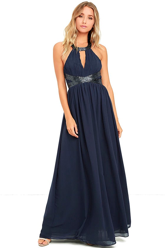 Gorgeous Navy Blue Dress - Halter Dress - Maxi Dress - Beaded Dress ...